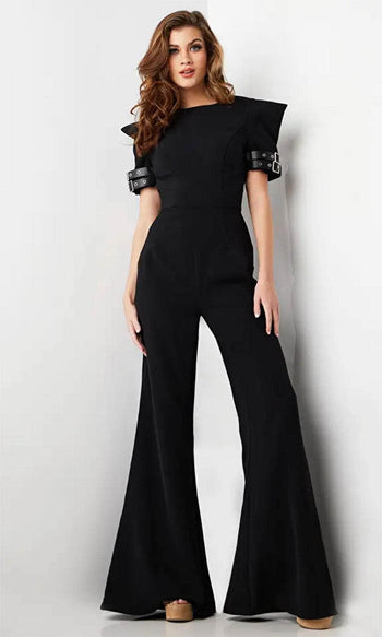 Jovani 36692 - Belt-Like Detailed Short Sleeve Jumpsuit - Prom