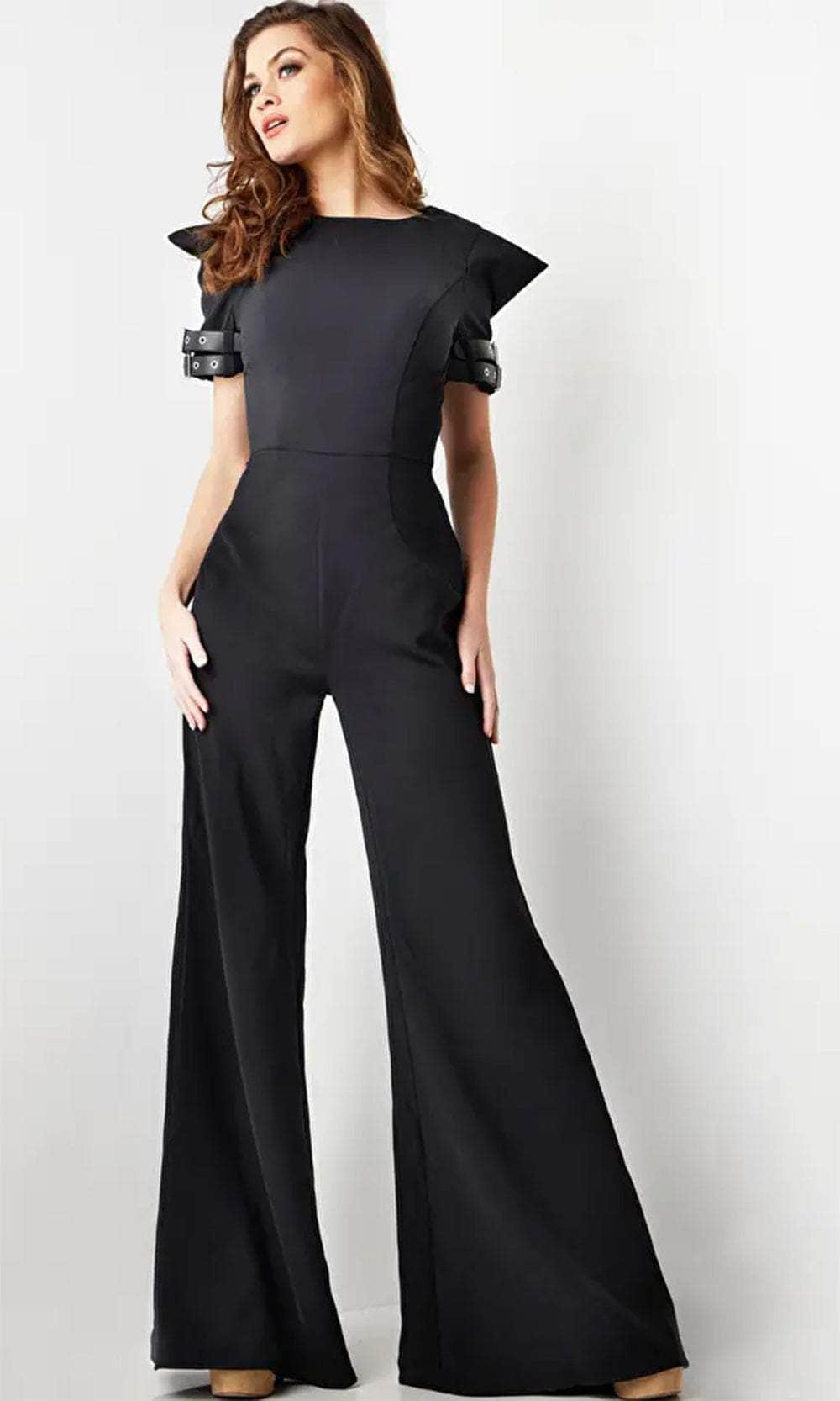 Jovani 36692 - Belt-Like Detailed Short Sleeve Jumpsuit - Prom