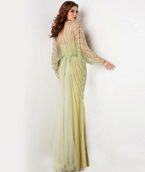 Jovani 36744 - Beaded V-Neck Gown with Batwing Sleeves