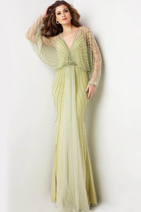 Beaded V-Neck Gown with Batwing Sleeves By Jovani 36744