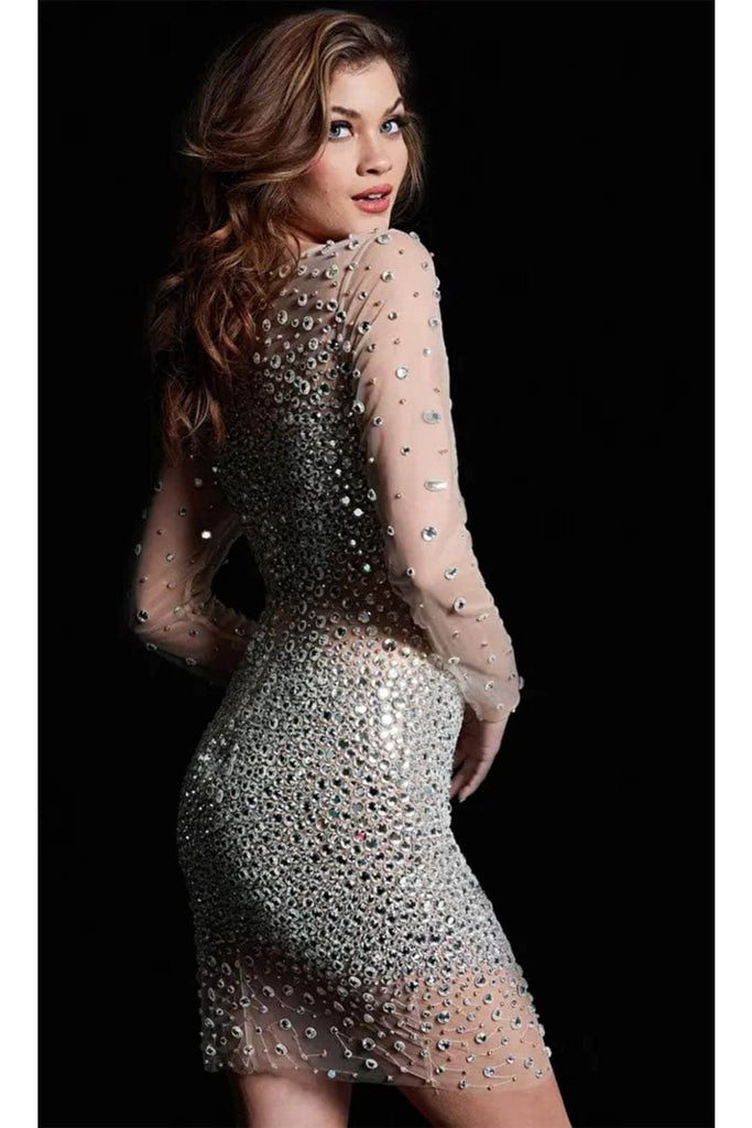 Jovani 37055 - Long Sleeve Cocktail Dress with Beaded Details - Silver/Nude / 00 - Prom