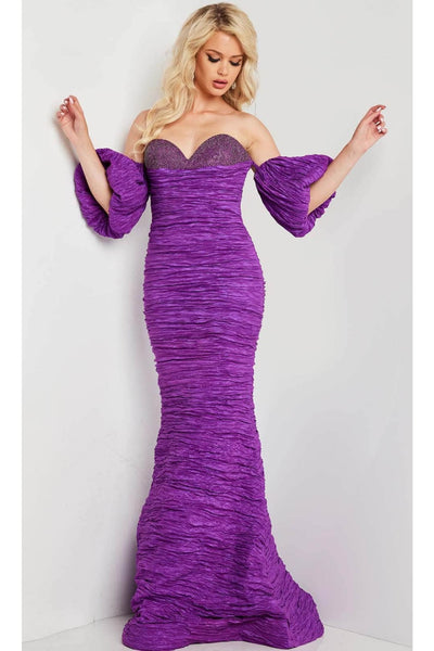 Jovani 37072 - Puff Sleeve Mermaid Evening Dress - Purple / 00 - Prom