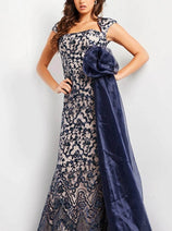 Jovani 37203 Navy & Nude Long Evening Floral Embellished Waist Dress