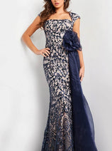 Jovani 37203 Navy & Nude Long Evening Floral Embellished Waist Dress