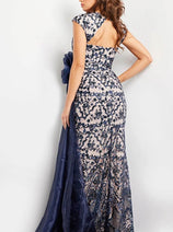 Jovani 37203 Navy & Nude Long Evening Floral Embellished Waist Dress