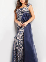Jovani 37203 Navy & Nude Long Evening Floral Embellished Waist Dress