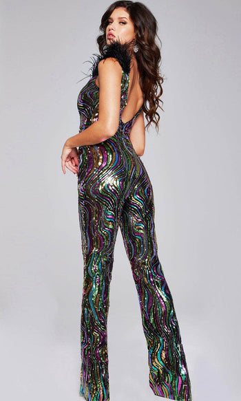 Jovani 37276 - Plunging V-Neck Cocktail Dress with Feather Details - Prom