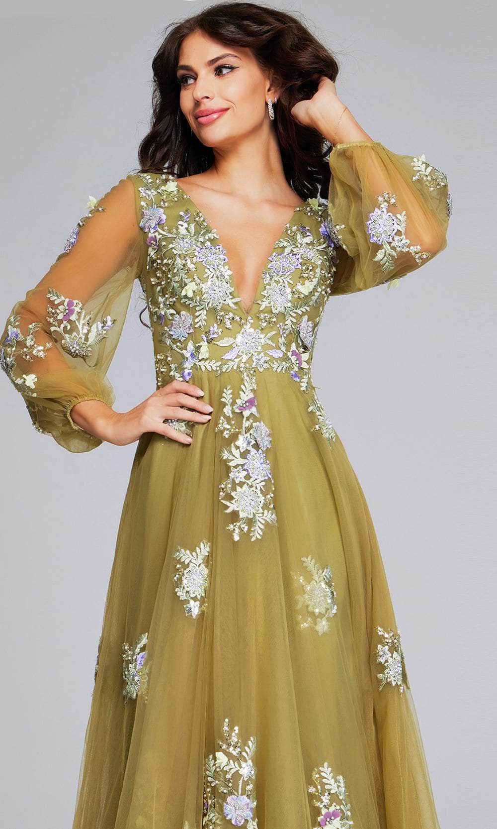 Jovani 37607 - Evening Gown with Sheer Bishop Sleeves and Appliqué Details - Prom