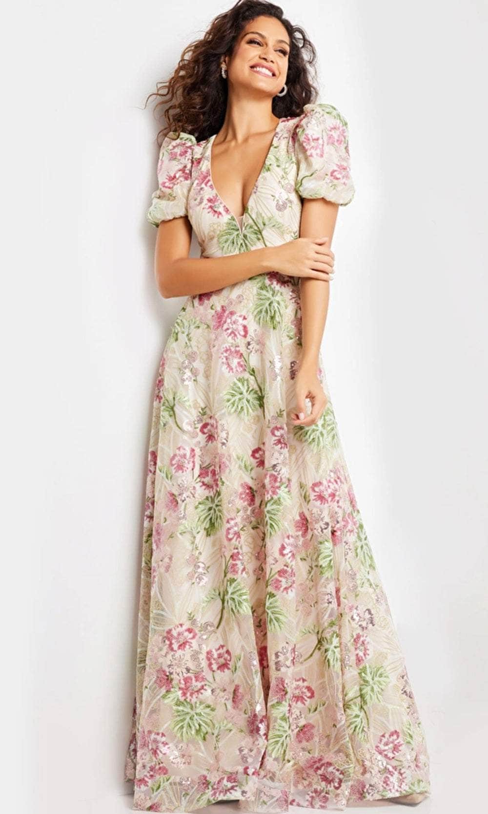 Jovani 37636 - Plunging Floral Sheath Long Dress - Prom