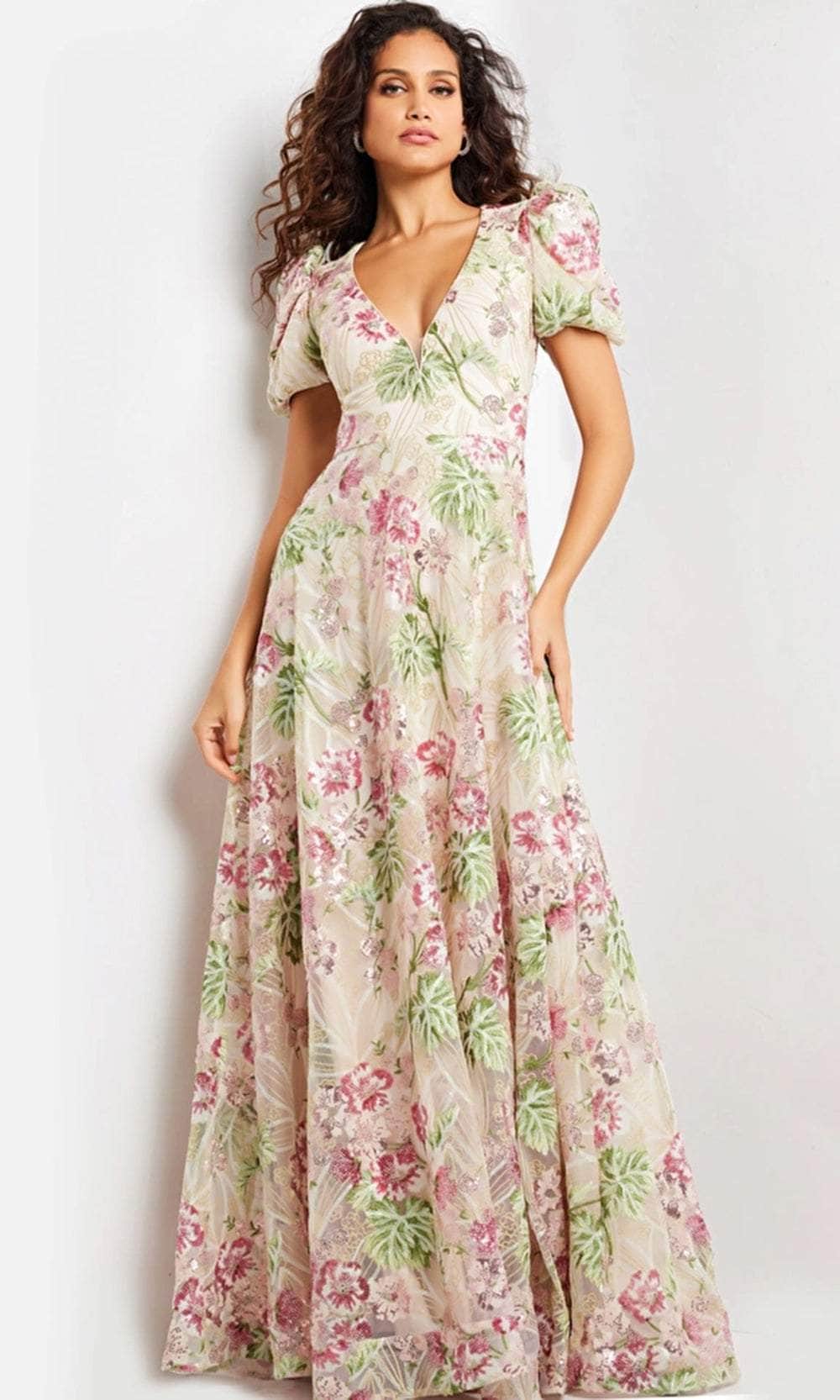 Jovani 37636 - Plunging Floral Sheath Long Dress - Prom