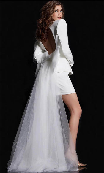 Jovani 38084 - Bridal Dress with Long Sleeves and Back Bow Detail - Prom
