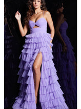 Jovani 38290 - Ruffled Tulle Prom Dress With Slit