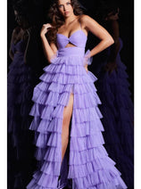 Jovani 38290 - Ruffled Tulle Prom Dress With Slit