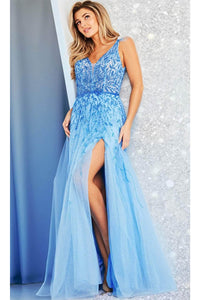 Jovani - 38430 A-Line Gown with Sheer Insets - Light-Blue / 00 - Prom