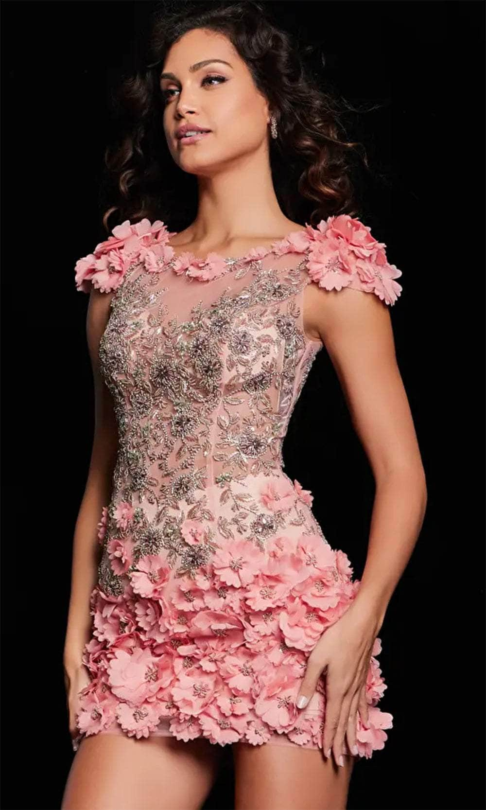 Jovani 38510 - Cap Sleeve Cocktail Dress with 3D Floral Embellishments - Prom