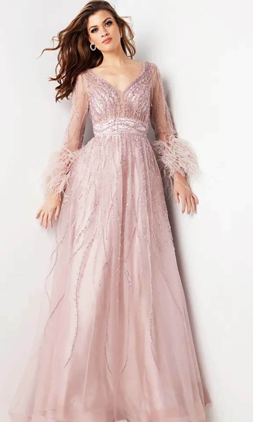 Jovani 38583 - Feather Embellished Long Sleeve Prom Dress - Prom