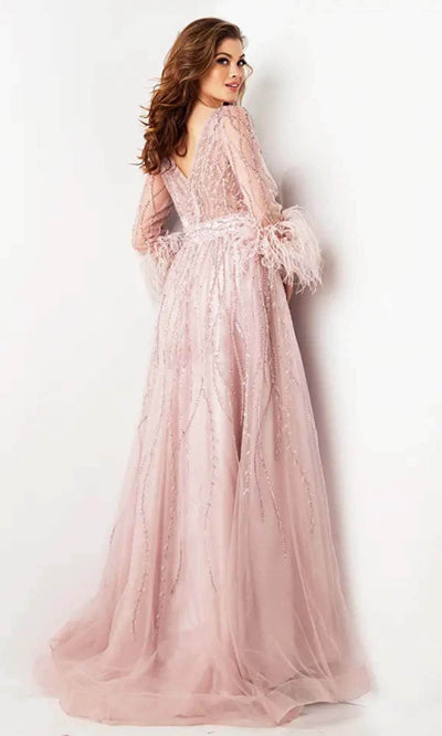 Jovani 38583 - Feather Embellished Long Sleeve Prom Dress - Prom