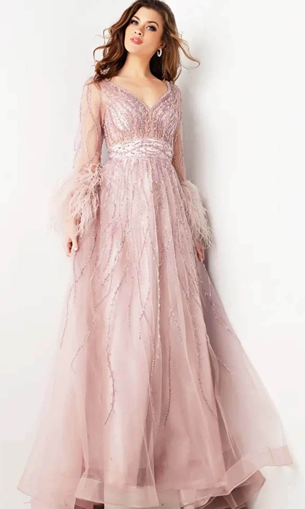 Jovani 38583 - Feather Embellished Long Sleeve Prom Dress - Prom