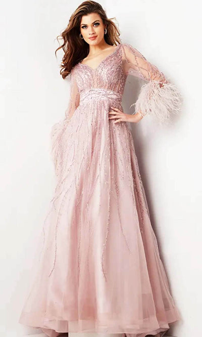 Jovani 38583 - Feather Embellished Long Sleeve Prom Dress - Prom