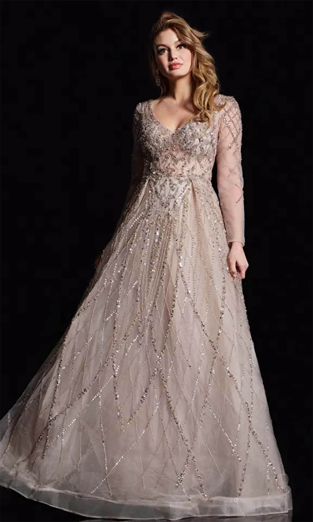 Jovani 38589 - Sheer Long Sleeve Beaded Prom Gown - Prom