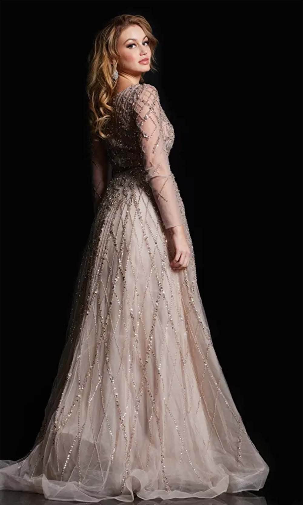 Jovani 38589 - Sheer Long Sleeve Beaded Prom Gown - Prom