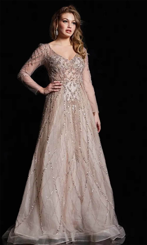 Jovani 38589 - Sheer Long Sleeve Beaded Prom Gown - Prom