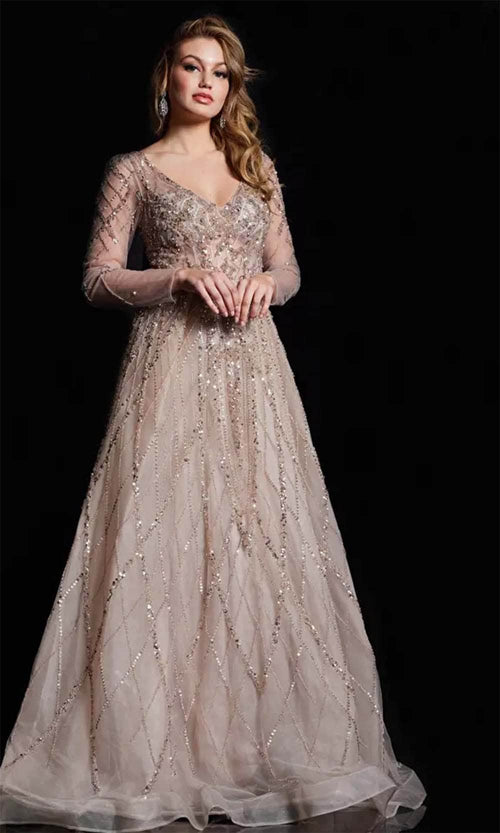 Jovani 38589 - Sheer Long Sleeve Beaded Prom Gown - Prom
