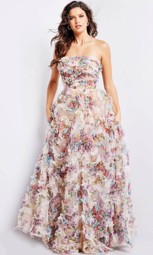 Jovani 38650 - Floral Print Ruffled A-line Gown - Prom