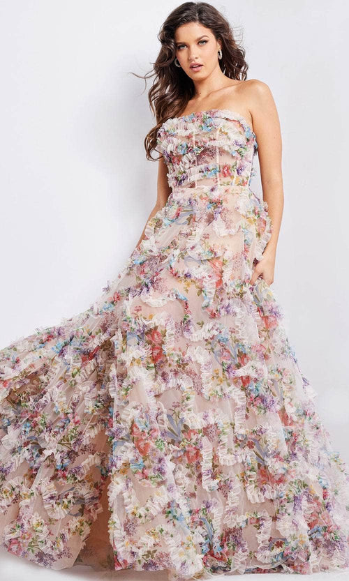 Jovani 38650 - Floral Print Ruffled A-line Gown