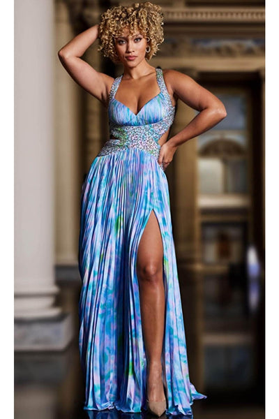 Jovani 38722 - Elegant Print Detail Satin Sheath Gown - Prom