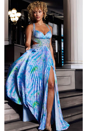 Jovani 38722 - Elegant Print Detail Satin Sheath Gown