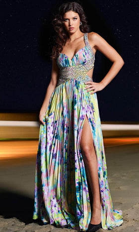 Jovani 38733 - Long Floral Print Pleated Dress with High Slit