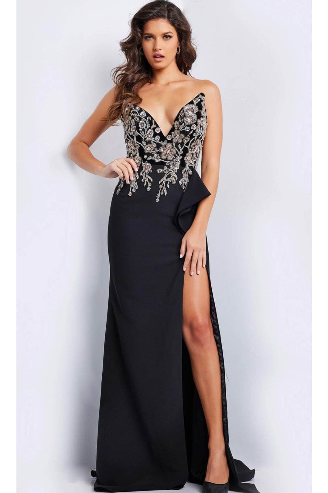 Jovani 38746 - Satin Cape Beaded Long Gown - Prom