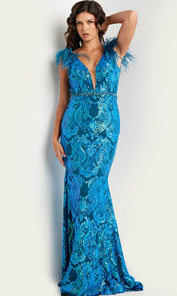 Jovani 38758 - Feather Sequined Long Gown - Prom