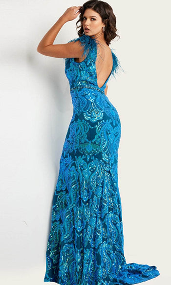 Jovani 38758 - Feather Sequined Long Gown - Prom