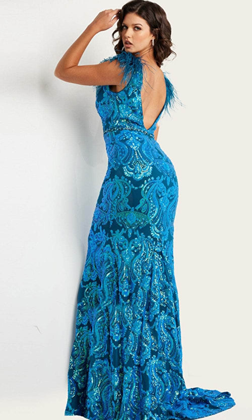 Jovani 38758 - Feather Sequined Long Gown - Prom