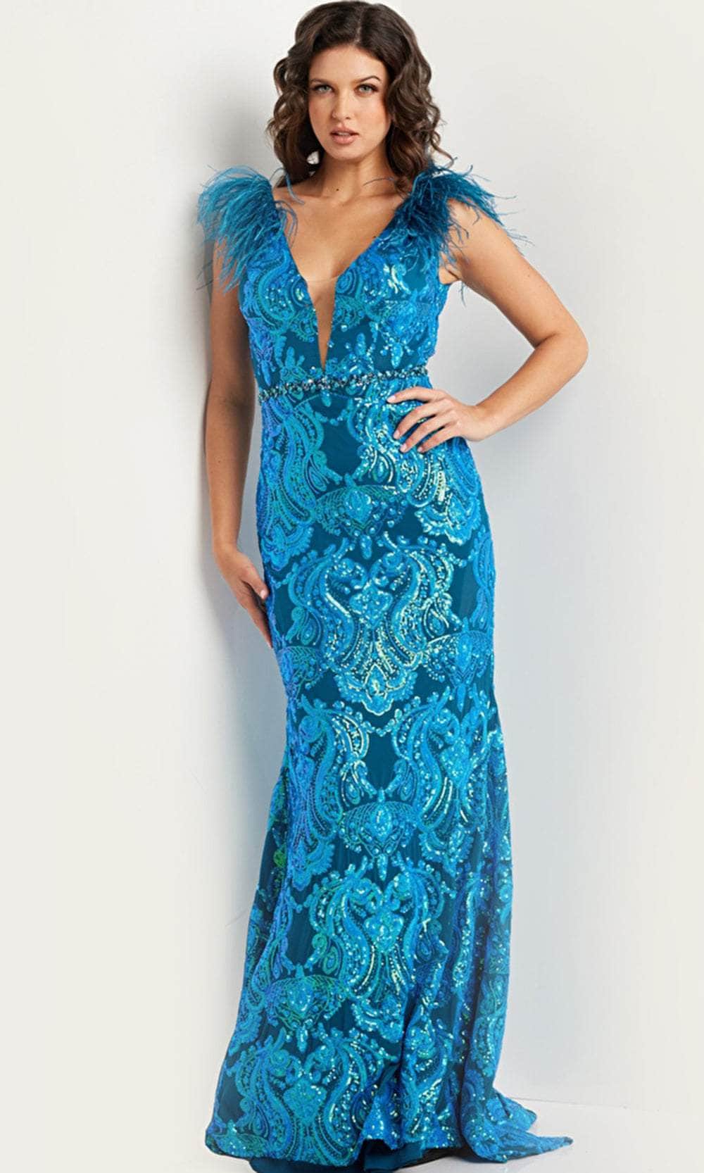 Jovani 38758 - Feather Sequined Long Gown - Prom