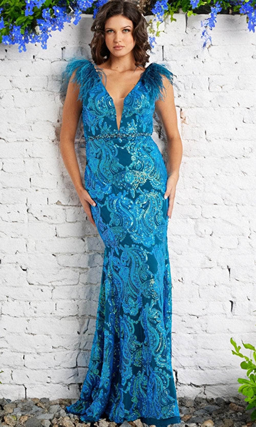 Jovani 38758 - Feather Sequined Long Gown - Prom