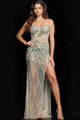 Jovani 38815 - Beaded High Slit Long Gown - Nude/Green / 00 - Prom