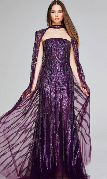 Jovani 39046 - Long Cape Evening Gown with Patterned Sequins - Prom