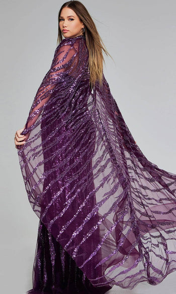 Jovani 39046 - Long Cape Evening Gown with Patterned Sequins - Prom