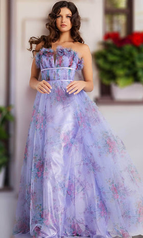 Jovani 39151 Lilac Floral Print Strapless Empire Evening Prom Gown