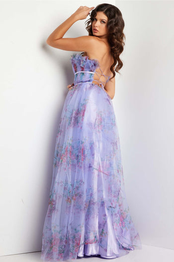 Jovani 39151 Lilac Floral Print Strapless Empire Evening Prom Gown - Prom