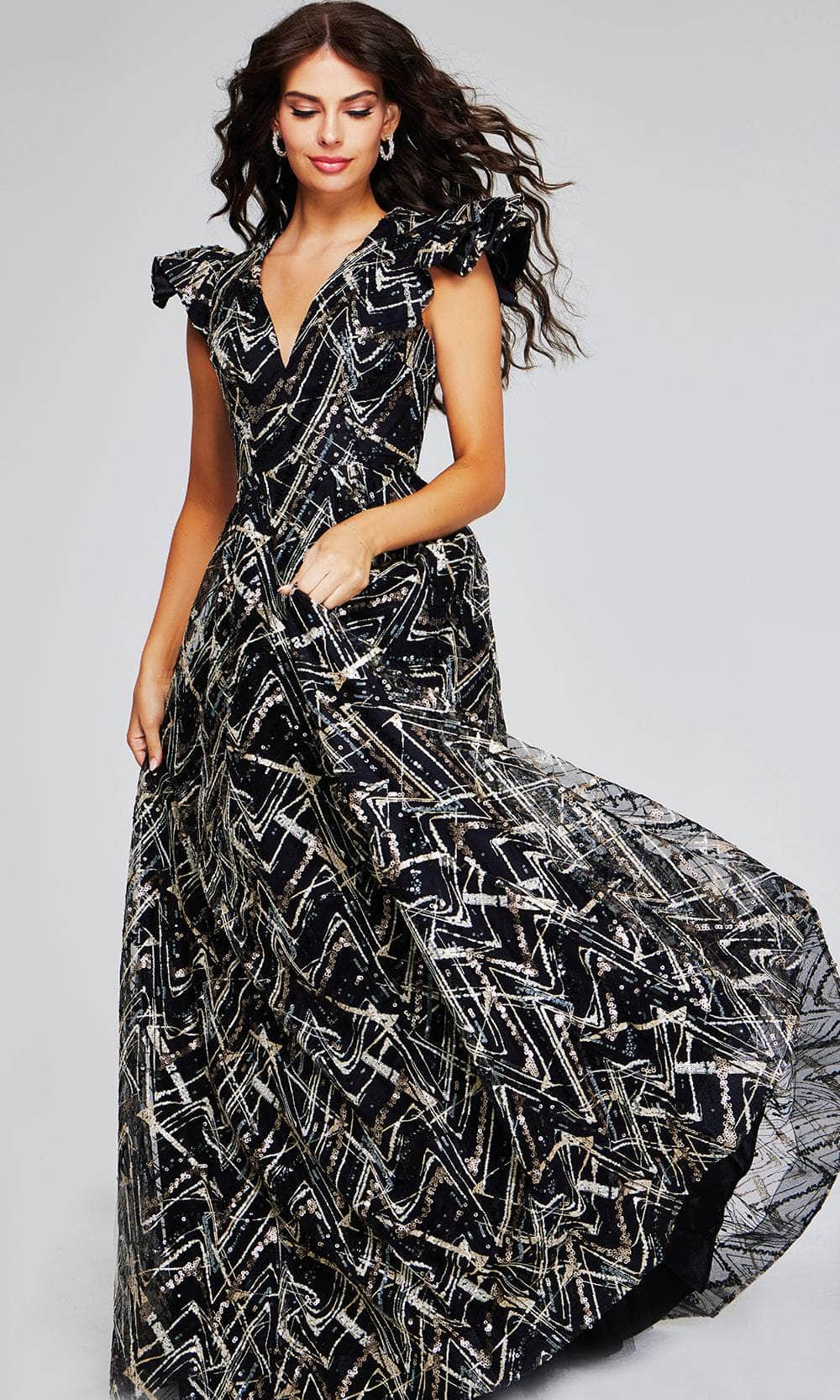 Jovani 39274 - V-Neck Evening Gown with Geometric Sequins - Prom