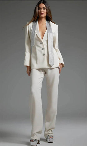 Bridal Pantsuit with Long Sleeve Collared Design By Jovani 39726