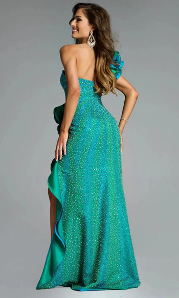 Jovani 39851 - Beaded One Shoulder Gown with Ruffles