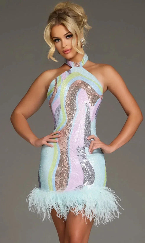 Multicolor Sequin Halter Dress with Feathers by Jovani