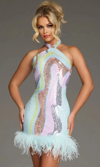 Multicolor Sequin Halter Dress with Feathers by Jovani