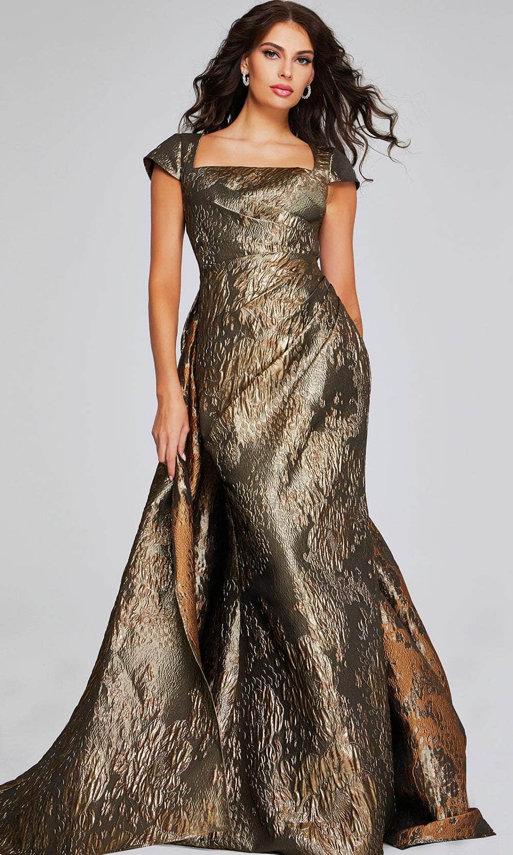 Jovani 40295 - Square Neck Evening Gown in Gold Textured Fabric - Prom