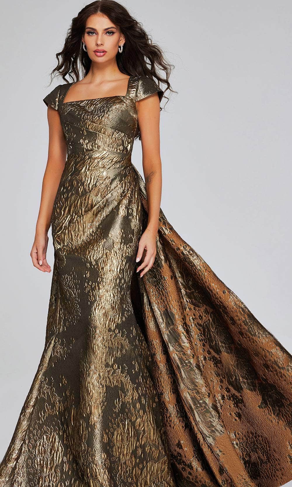 Jovani 40295 - Square Neck Evening Gown in Gold Textured Fabric - Prom